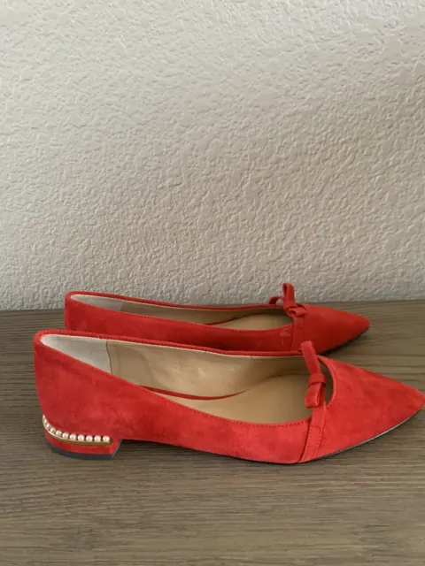 Ann Taylor Women's Flats Pearl Embellishment With Bows Shoes Red Suede - 6.5M
