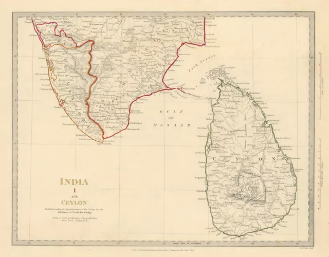 SOUTH INDIA & CEYLON (SRI LANKA) . Carnatic Travancore Kochi. SDUK 1844 map