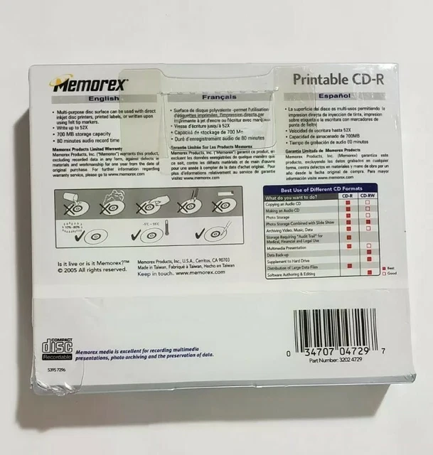 NEW MEMOREX PRINTABLE Recordable Blank CD R 5 Pack 52x 700MB 80 Min NEW MEMOREX PRINTABLE Recordable Blank CD R 5 Pack 52x 700MB 80 Min