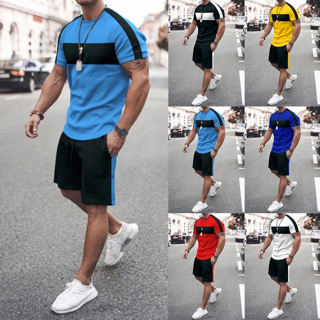 Men's Sports Gym Short Sleeve Tops Shorts 2PCS Sets Summer Casual Blouse Pants