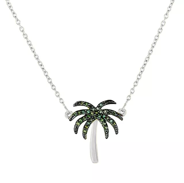 0.10Ct Simulated Green Emerald 14K White Gold Plated Palm Tree Pendant Necklace