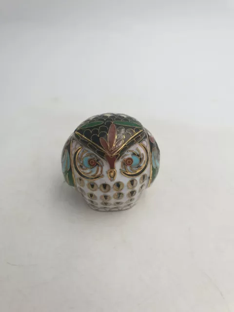 Vtg Chinese Cloisonné Enamel Owl Bird Shaped Figurine Ornament Black Top Gilt