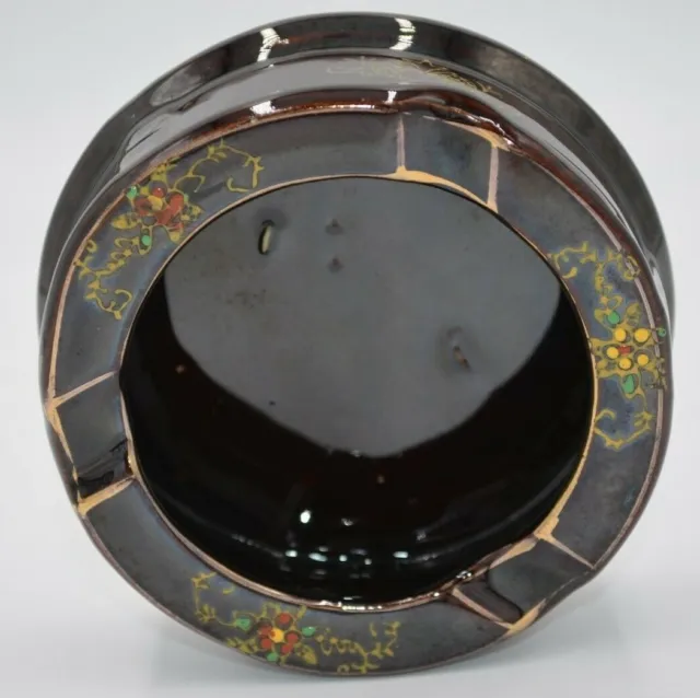 Brown Japan Hand Painted Deep Ashtray w/ Gold Rim Floral Design