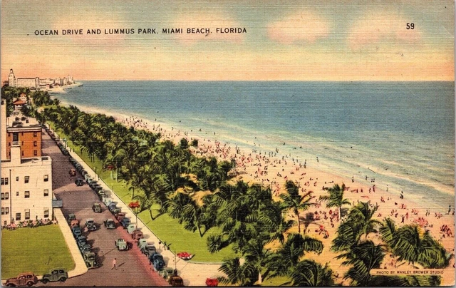 Ocean Drive Lummus Park Miami Beach Florida Fl Aerial View Linen Hotel Postcard
