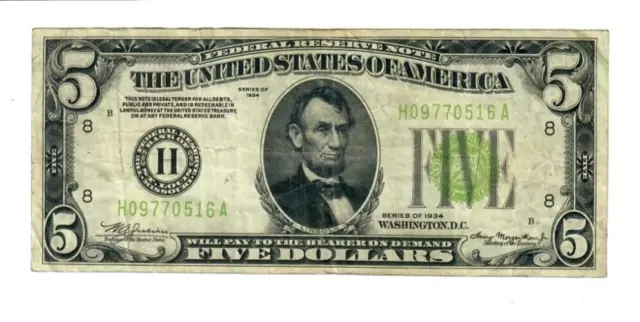 1934 $5 FRN Light Green Seal St. Louis VF