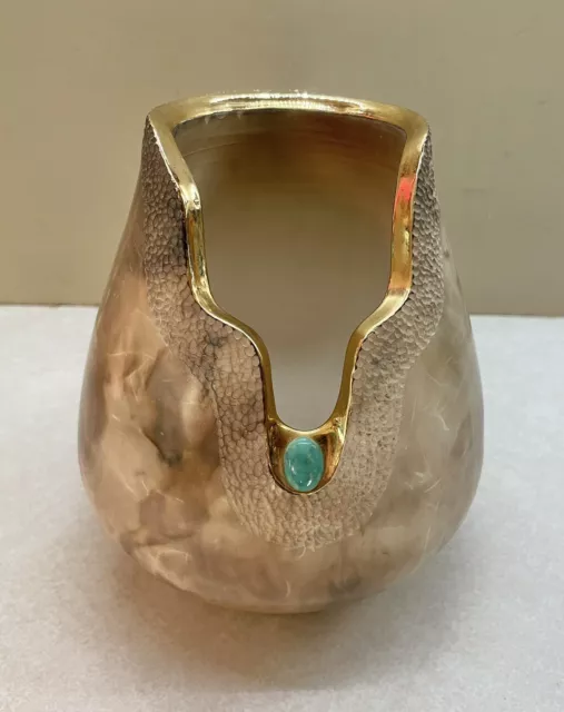 Southwest Pottery Open Front Vase /Candle Holder Gold Gild Rim Signed & #'d