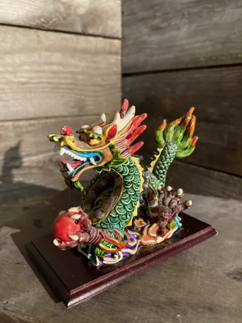 Chinese Cloisonne Enamel Gilt Dragon Statue Figurine Multicolor