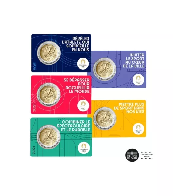 5 Coincards BU 2 Euro Commémorative France 2021 Paris JO 2024 Neuf.