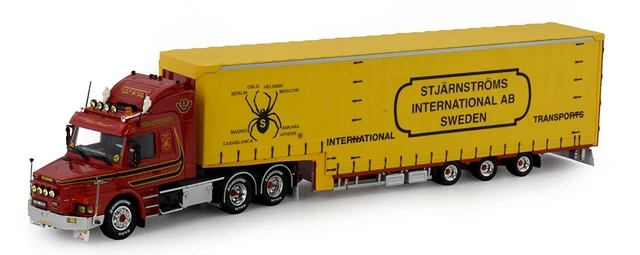 TEKNO 80743 – SCANIA T143 Tracteur 6x4 + Semi Surbaissé Bâché STJARNSTROM, 1/50, Neuf