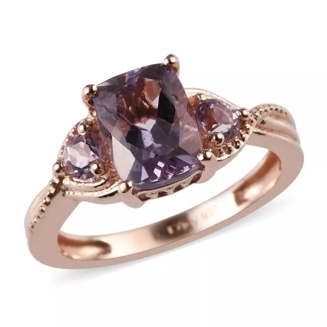 Size 9 Rose De France 1.80ctw Amethyst 3 Stone Ring in 14K Rose Gold Over Silver