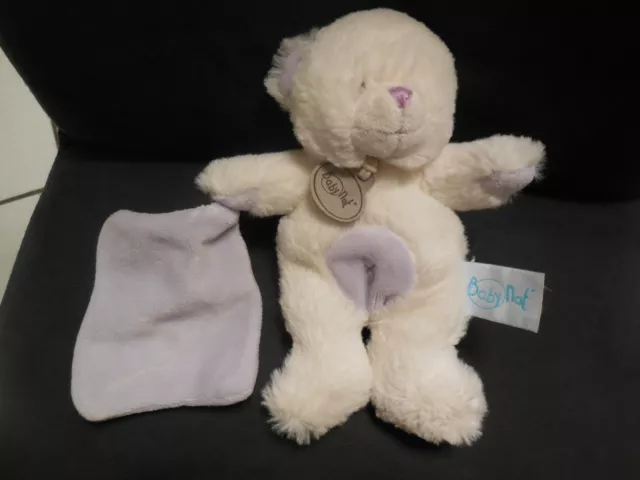 doudou peluche pantin ours Calins blanc mouchoir mauve violet BABY NAT' 19cm