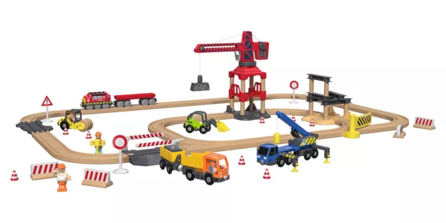 PLAYTIVE Holz Eisenbahn Baustelle 68-teilig Straßenset Spielzeug