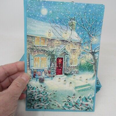 Christmas Cards With Glitter Lighted House Snow Lot Of 11 With Envelopes