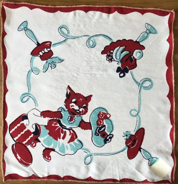 Vintage 1950s Child's Hankie Handkerchief Hanky Cat Kitten Playing Dress Up