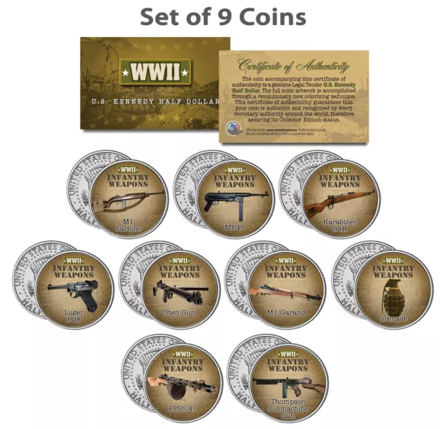 WORLD WAR II INFANTRY WEAPONS JFK Kennedy Half Dollar U.S. 9-Coin Complete Set