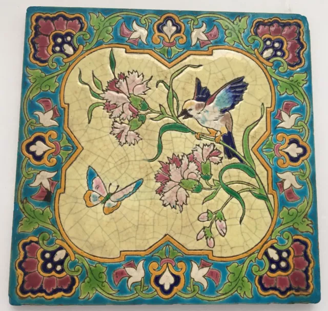 ° Georgeous rare Colorful Bird Emaux de GIEN  Art Nouveau Tile Butterfly Tegel