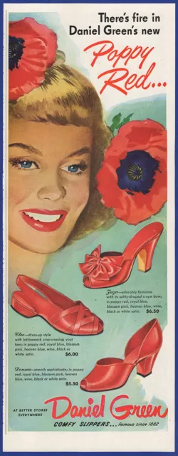 Vintage 1948 DANIEL GREEN Comfy Slippers Poppy Red Shoes Fashion 40's Print Ad