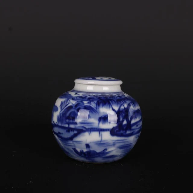 Chinese Blue and White Porcelain Jar Qing Qianlong Landscape Pattern Pot 2.4" M
