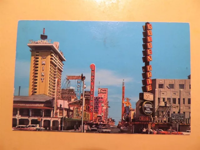 Downtown Las Vegas Nevada vintage postcard Fremont Street casinos from Main St.