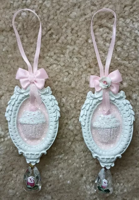 Shabby Chic Victorian Pink Glitter Cupcake Christmas Ornaments Set Of 2