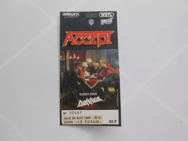 🎧 Ticket Billet De Concert - Accept / Live Dijon ( France ) 1986 🎧