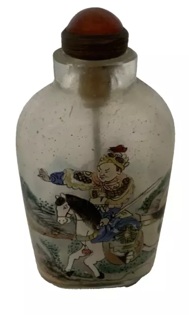 Vtg Chinese snuff bottle glass asian reverse full hand painted inside stopper