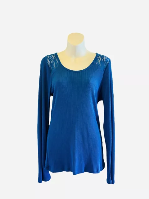 Derek Heart Womens Juniors Large Blue Long Sleeve Top T-Shirt with Lace Back