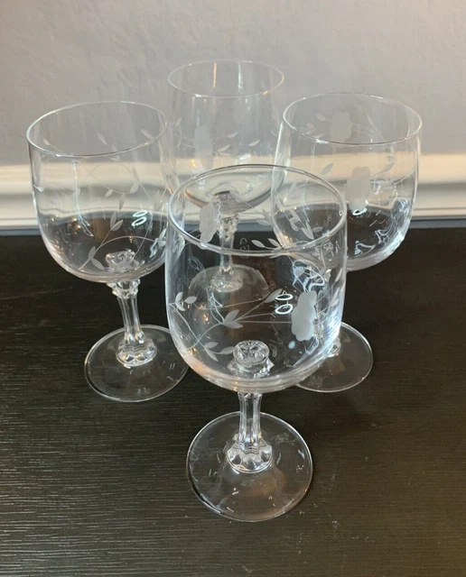 Lovely Vintage Cordial Glasses Floral Etched Crystal Stemware 6” Glass Set 4