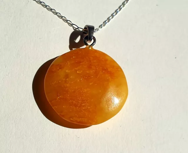 Cute  Baltic Amber Disc Necklace -Sterling Silver Chain 2.4cm