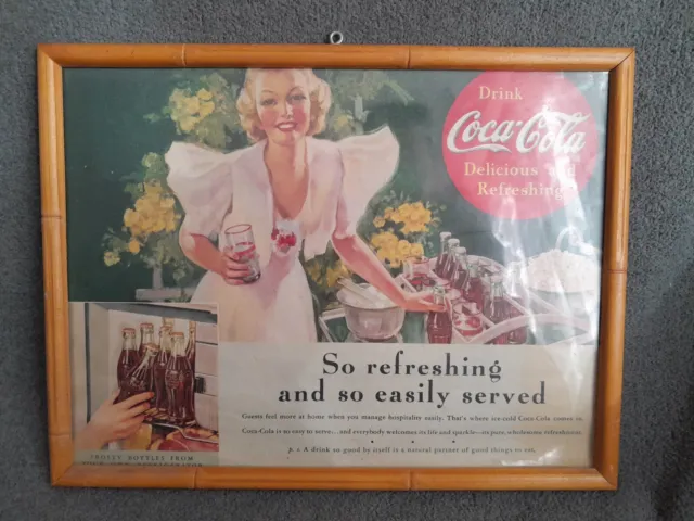 Anuncio estampado de Coca Cola enmarcado de colección década de 1930 original grande linda niña sonrisa rosa