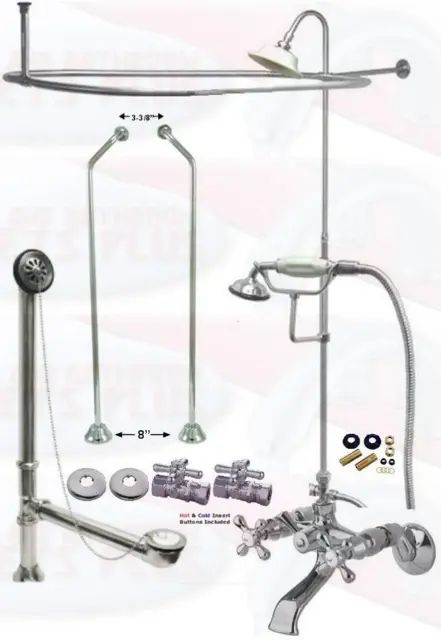 Chrome Tub Mount Clawfoot Faucet Kit W/Shower Riser Enclosure, Drain & Supplies