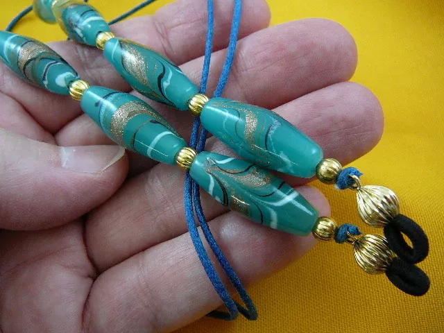 #E-239) Teal blue swirl glass bead Eyeglass leash holder chain lanyard glasses