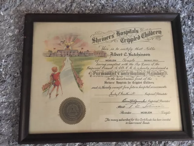 Shriner's (Masonic) Hospital Certificate of Membership- 1920's-30's- Detroit, MI