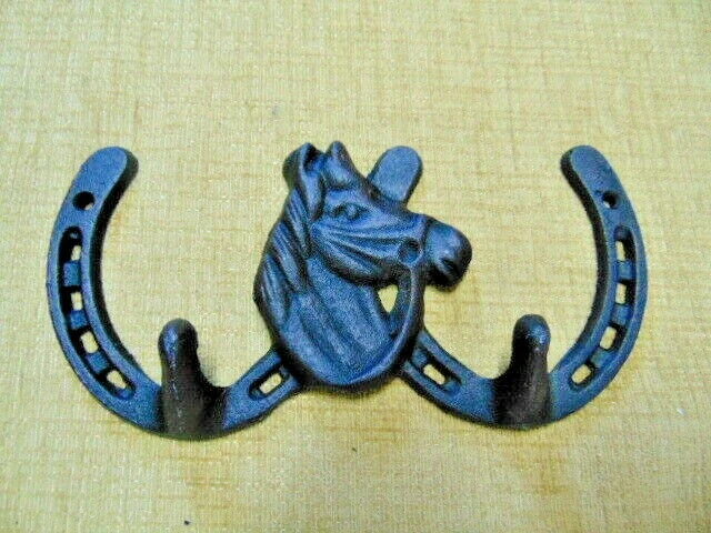 Double Horseshoe Horse Head Coat Towel Cast Iron Hook black western cabin lodge