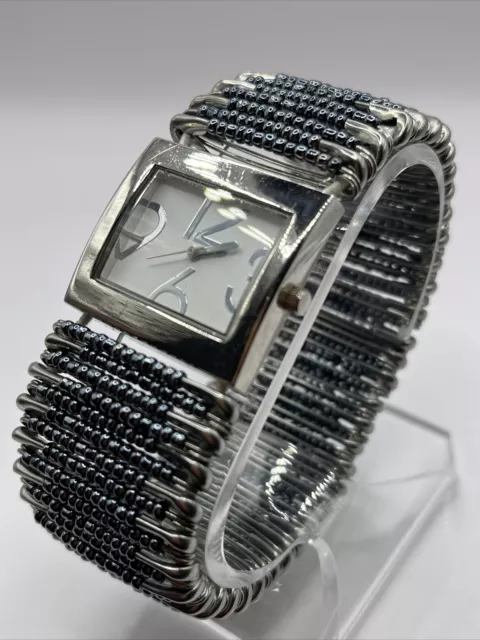 Artisan Silver Tone Safety Pin Band Glass Bead Stretch Women's Watch- Working!