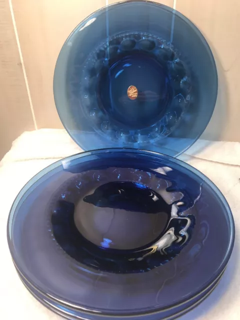 INDIANA GLASS TIARA King's Crown Cobalt Blue Thumbprint 4 Dinner Plates 10"