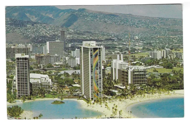 Vintage post card Hilton Hawaiian Village with Rainbow Tower at Duke Kahanamohu