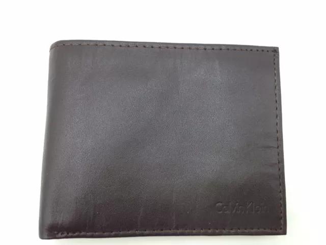 $98 Calvin Klein Mens Ck Brown Leather Bifold 8cc Bookfold Id Credit Card Wallet