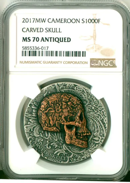 2017 MW Cameroon S1000F Carved Skull NGC MS70 Antiqued