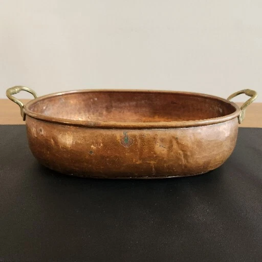 ANTIQUE JARDINIERE LARGE Oval Copper With Brass Handles Planter Pot 16.