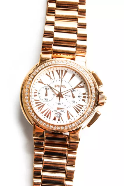 Folli Follie Women's Rose Gold Tone Crystal Trim 30mm Round Face Wristwatch