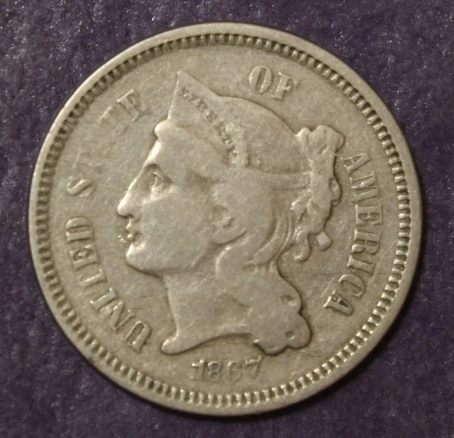 1867 Three 3 Cent Nickel VF ..............Lot 8764