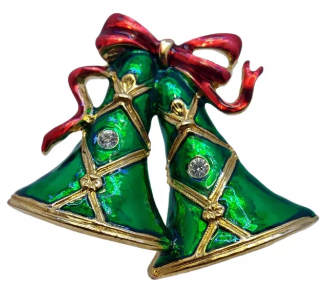 SFJ Vintage Gold Tone Enamel Crystal Bells Christmas Pin Brooch 1990s