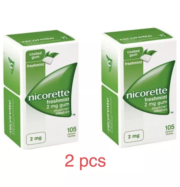 2X 105 pcs Nicorette Fresh Mint 2mg Nicotine Chewing Coated Gum Always New Exp