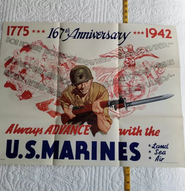 ORIGINAL VINTAGE U.S. Marines 167th Anniversary WWII Poster 1942 USMC