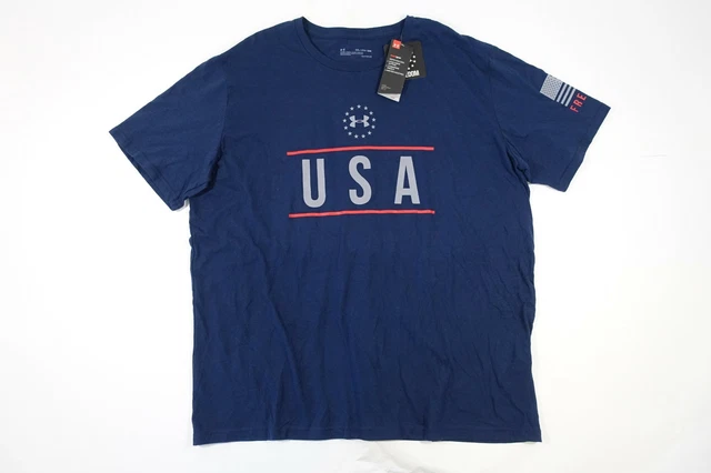 Under armour Ua 1327555 Blu Navy 2XL Larga USA Libertà Heatgear T-Shirt Uomo Nwt