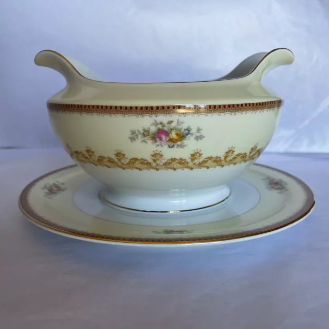 Vintage F.B. & Co. FLORAL GOLD MEITO NASSAU CHINA Gravy Boat w/ Attached Saucer