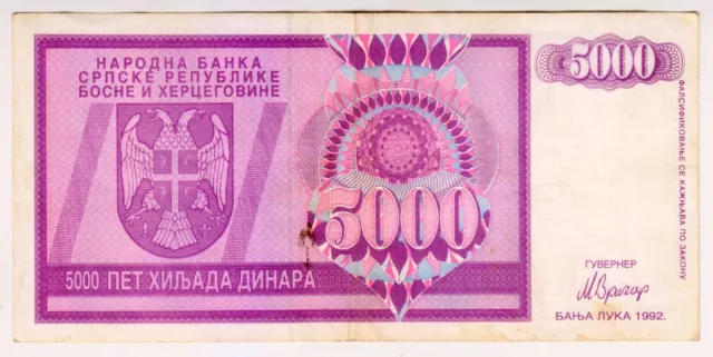 1992 Bosnia Banja Luka 5000 Dinara 5419613 Bosnia War Paper Money Banknotes