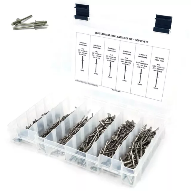 Pop Rivets Assortment Stainless Steel Pop Rivet Kit (#4-2 thru #6-8) 301 pieces