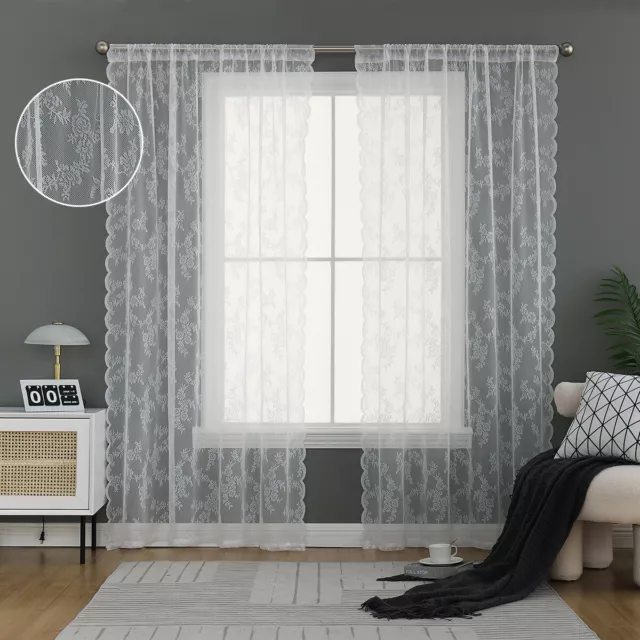 White Tulle Curtain Lace Window Screening Drapes for Living Room Rod Pocket US